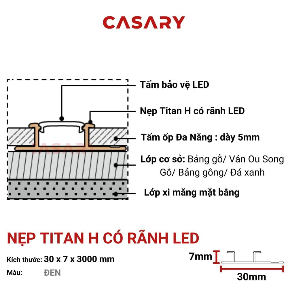Nẹp H Titan Có Rãnh LED Casary - Đen 2 mat cat nep Titan H co ranh led den tam op da nang casary