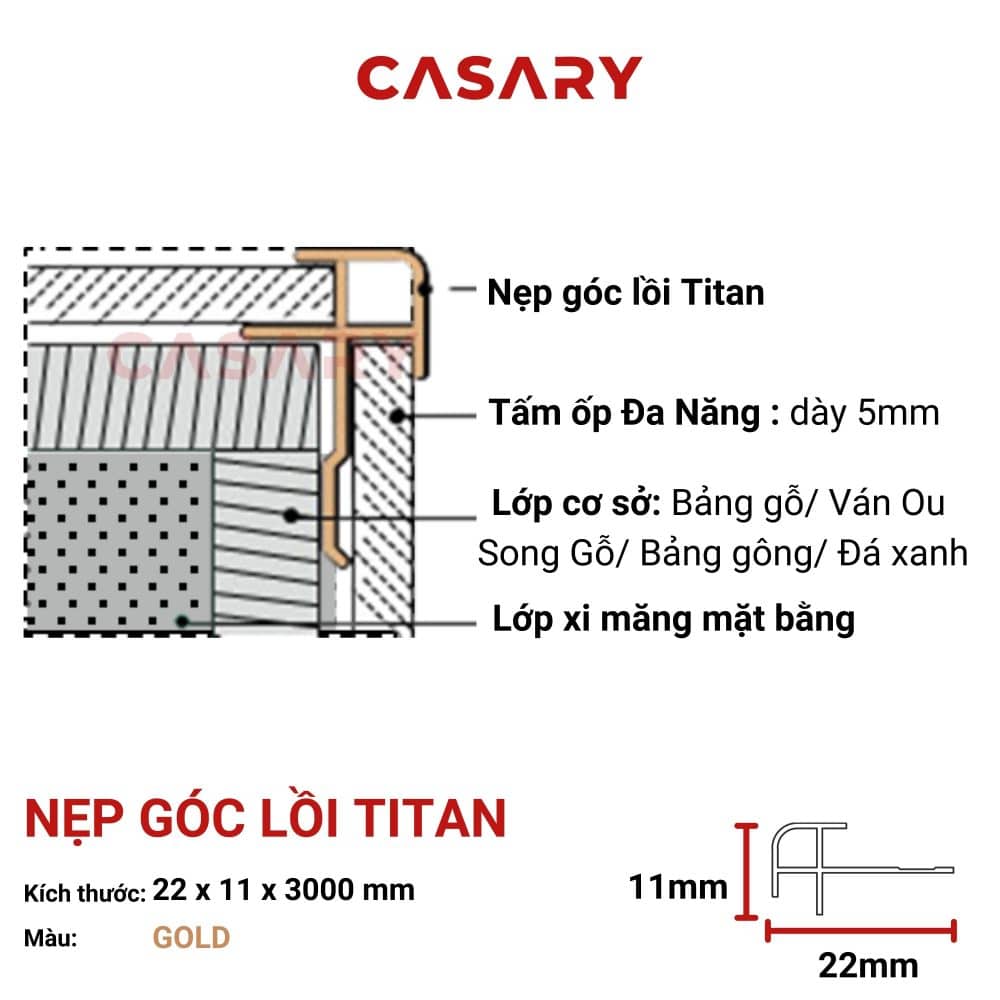 Nẹp Góc Lồi Titan Casary - Vàng 2 mat cat nep goc loi titan vang tam op da nang casary