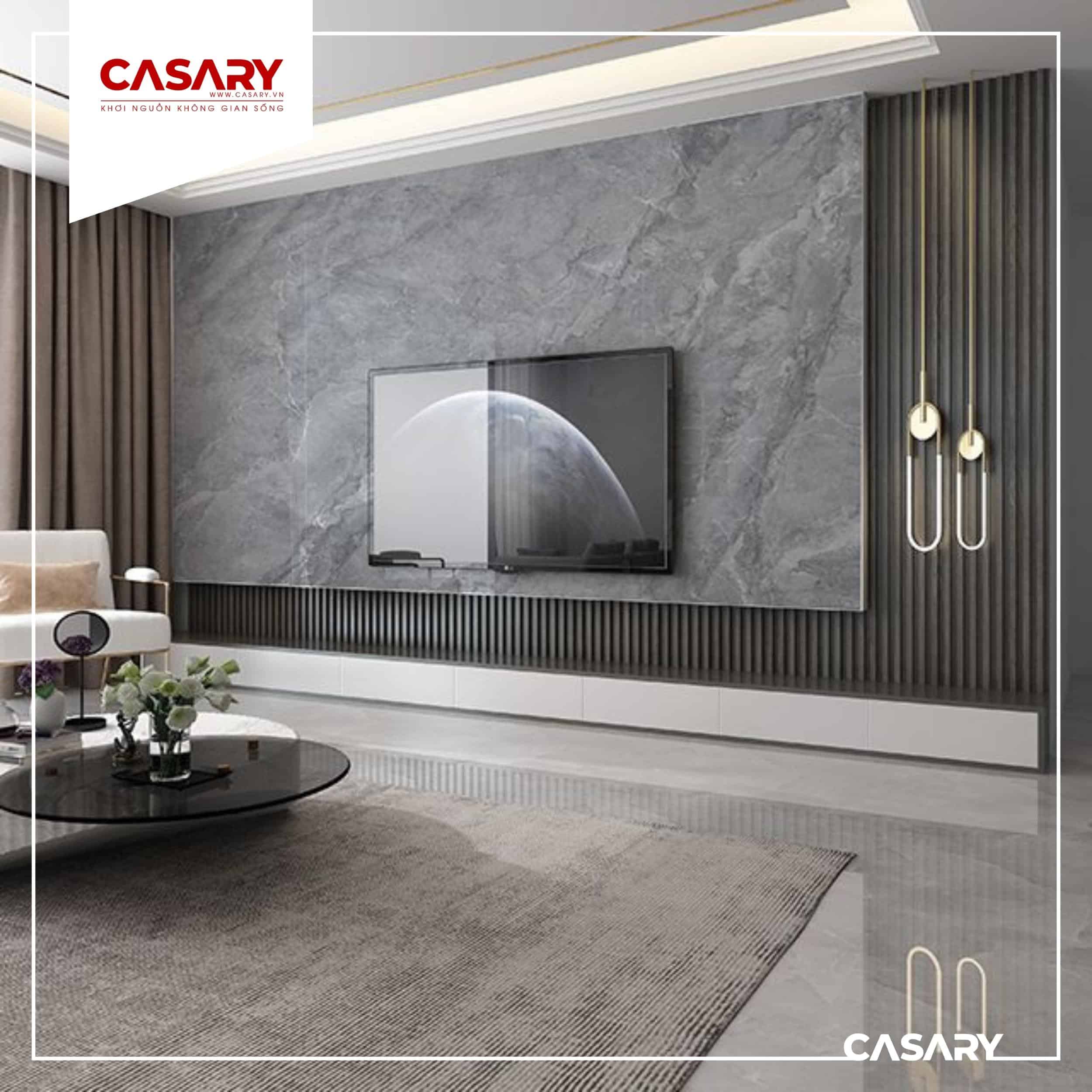 Không gian phòng khách hiện đại được sử dụng tấm ốp lam sóng