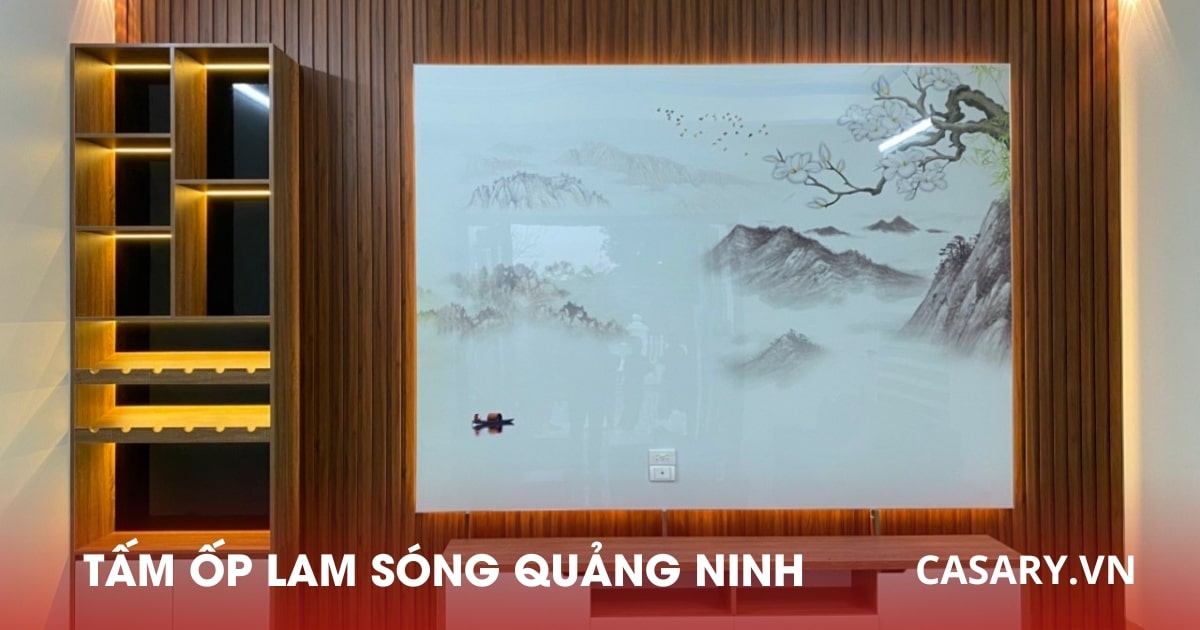 Ốp vách kệ tivi phòng khách bằng tấm ốp lam sóng