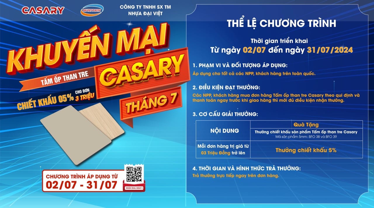 Bùng nổ ưu đãi hè: Tấm ốp than tre Casary CHIẾT KHẤU ĐẾN 5% 1 Chương trình khuyến mại tấm than tre Casary tháng 7