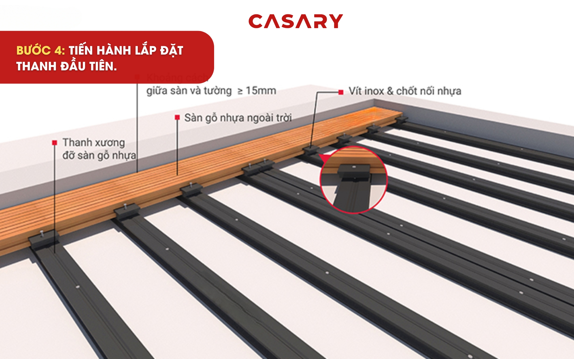 Hướng dẫn thi công Sàn ngoài trời Casary đơn giản 6 Tiến hành lắp đặt thanh sàn ngoài trời đầu tiên