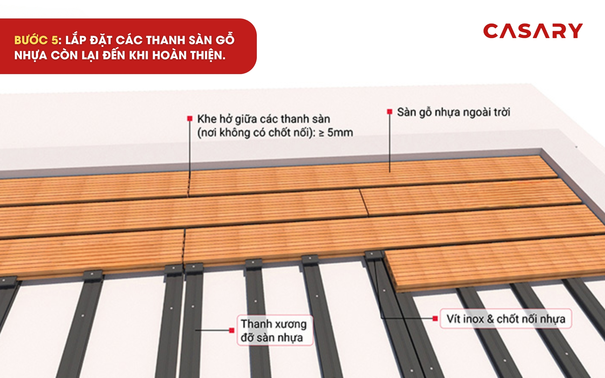 Hướng dẫn thi công Sàn ngoài trời Casary đơn giản 7 Khe hở giữa các đầu thanh sàn khoảng 5mm