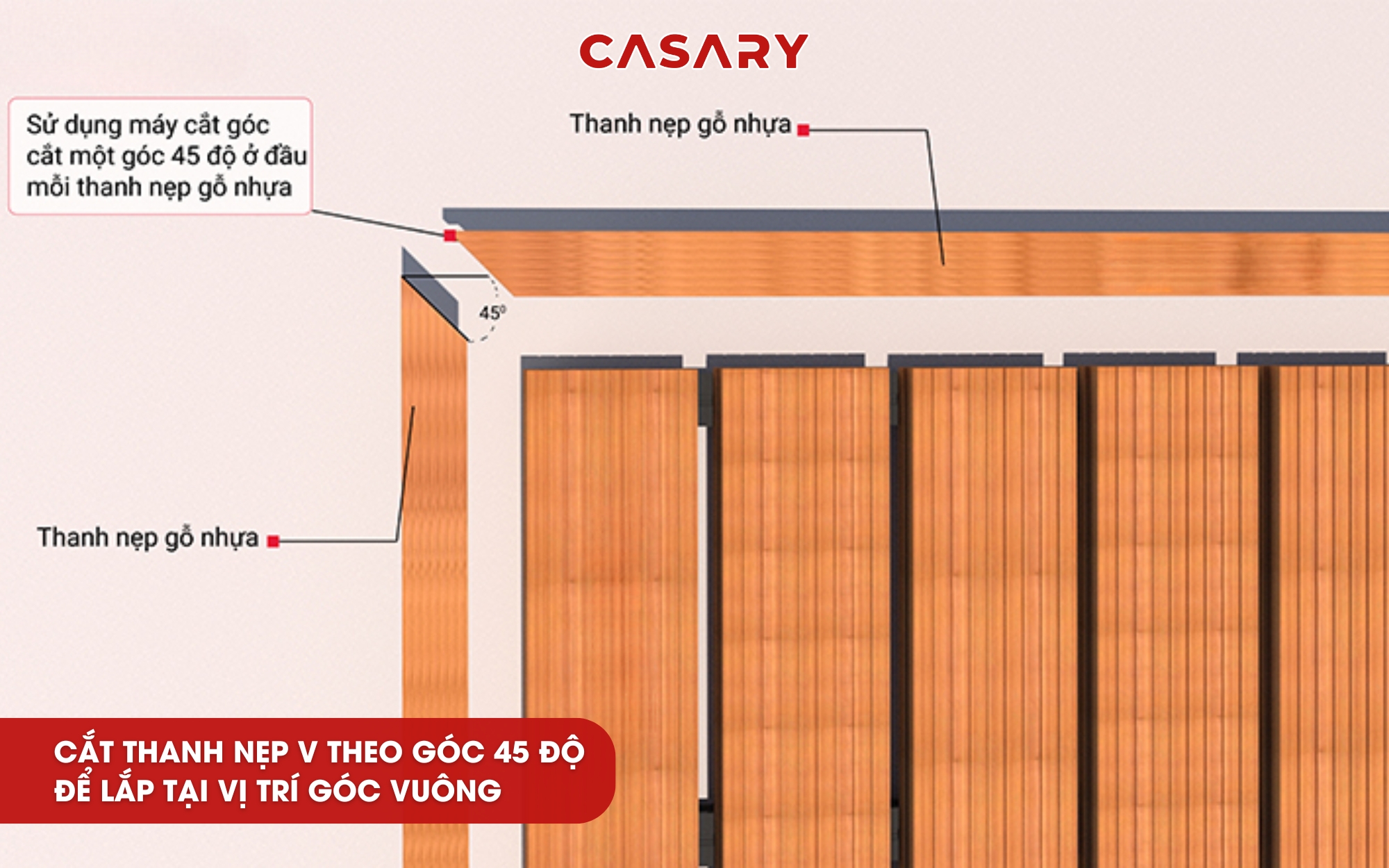 Hướng dẫn thi công Sàn ngoài trời Casary đơn giản 11 Cắt thanh nẹp V theo góc 45 độ để lắp tại vị trí góc vuông