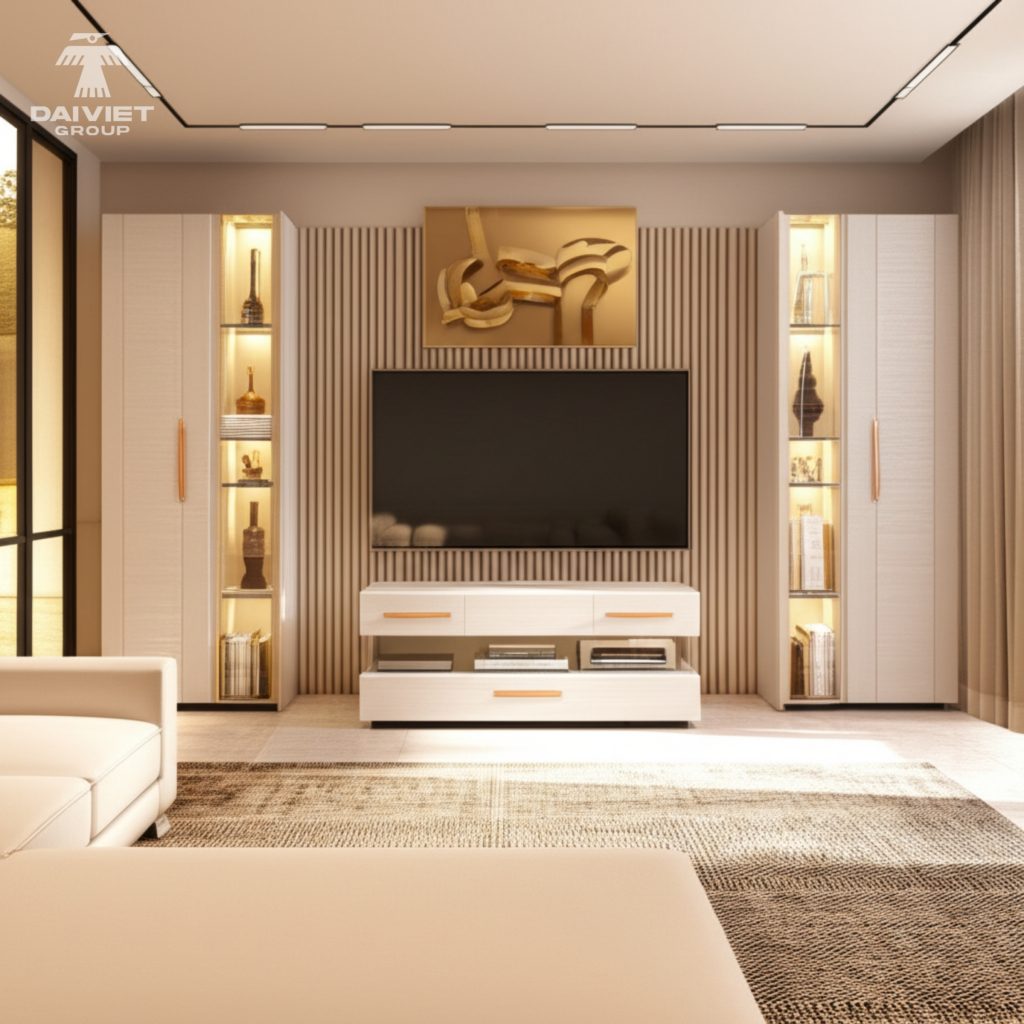 Tấm nội thất than tre Casary màu B253 21 Công trình thực tế Kệ TV Casary