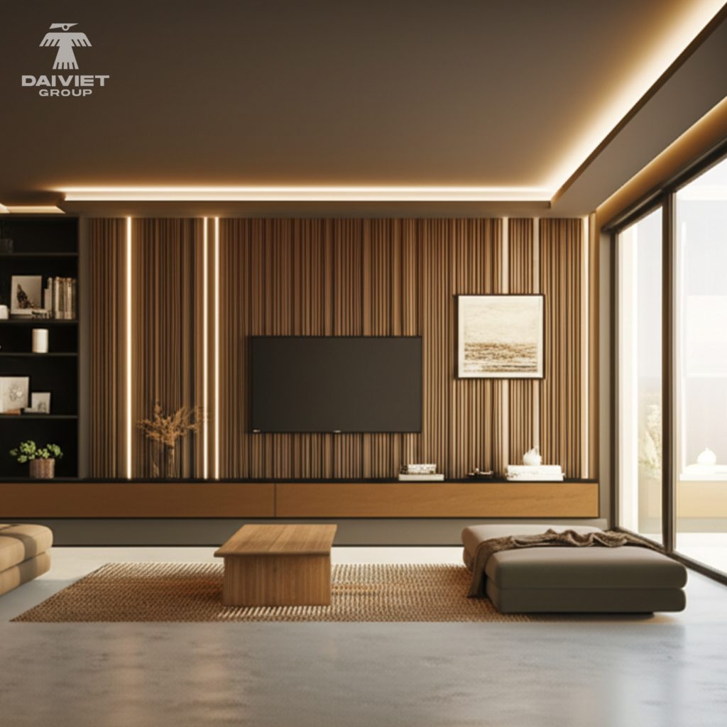 Tấm nội thất than tre Casary màu S302 21 Công trình thực tế Kệ TV Casary