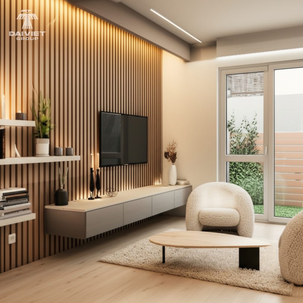 Tấm nội thất than tre Casary màu S302 20 Công trình thực tế Kệ TV Casary