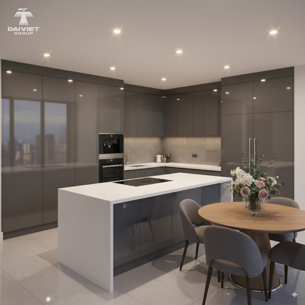 Tấm nội thất than tre Casary màu S304 20 Công trình tủ bếp tấm ốp Casary