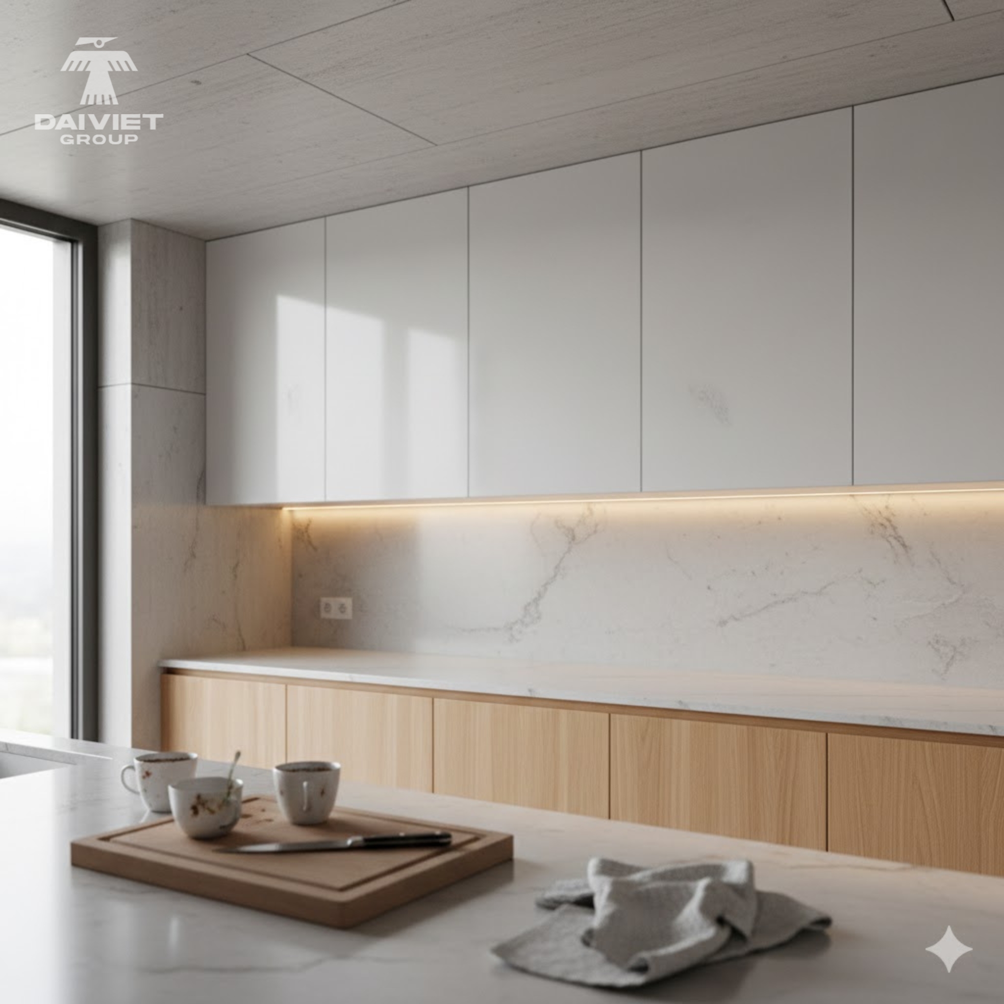 Ứng dụng tấm ốp than tre Casary cho trần nhà: Có bị chảy xệ không? Sai lầm thường gặp khi thi công 13 Phòng bếp tối giản Đại Việt Group