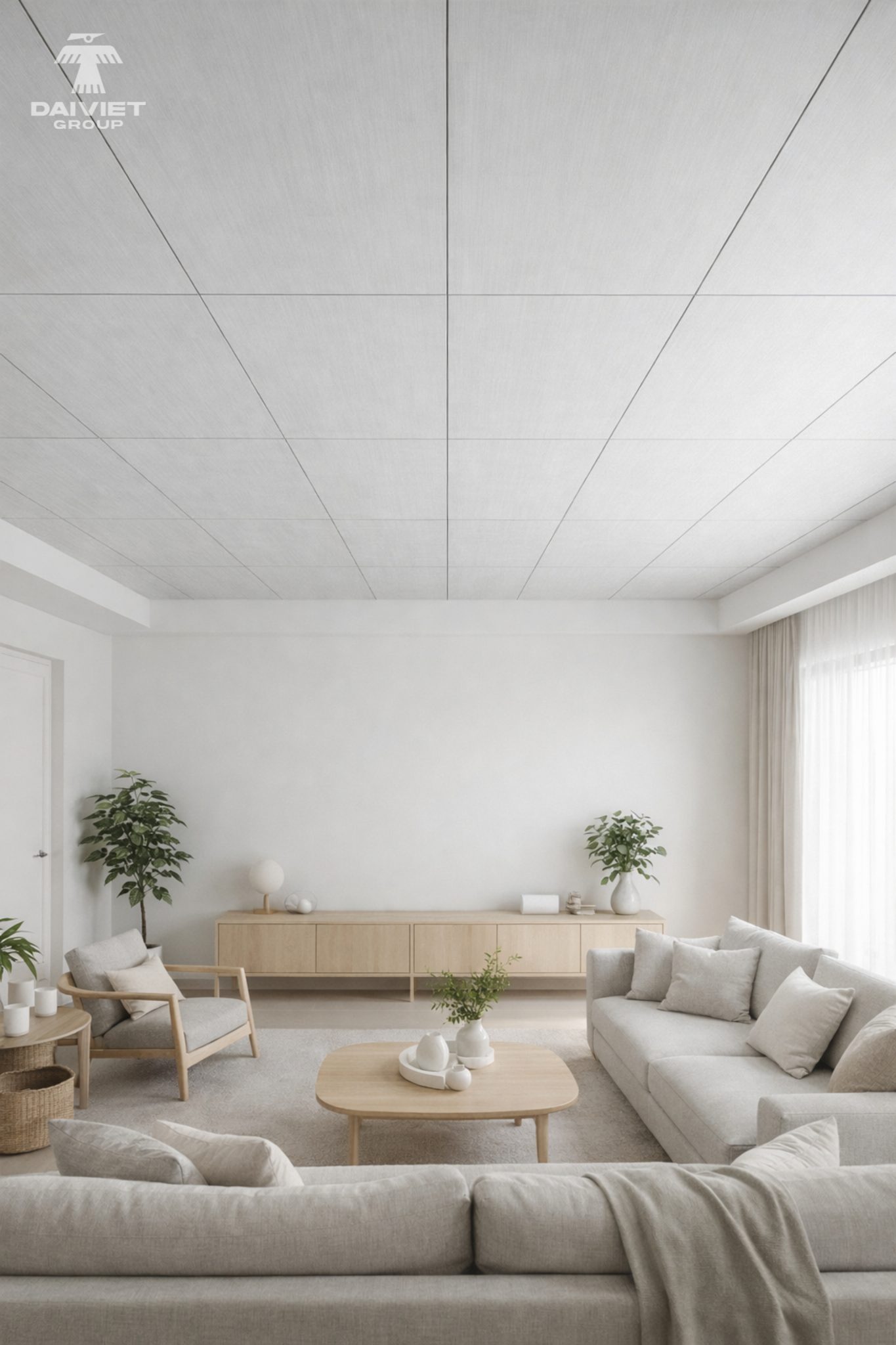 Ứng dụng tấm ốp than tre Casary cho trần nhà: Có bị chảy xệ không? Sai lầm thường gặp khi thi công 2 Phòng khách Casary tối giản tinh tế