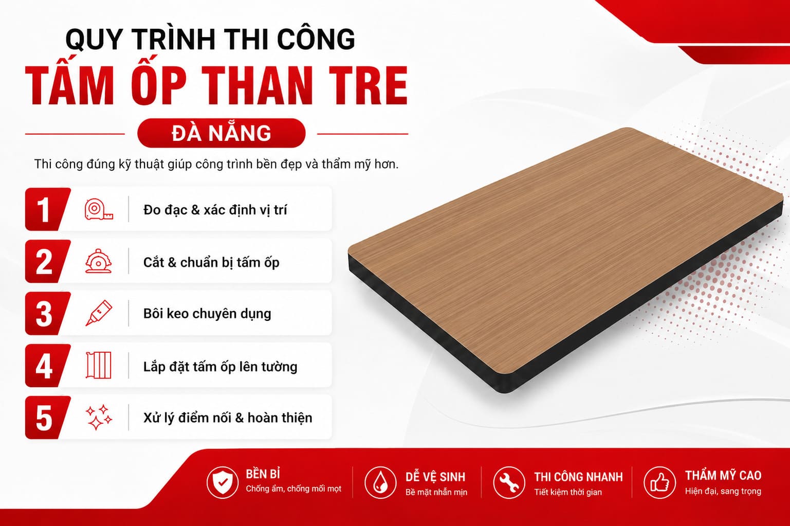 Mua tấm ốp than tre Đà Nẵng ở đâu uy tín, giá tốt? 7 Quy trình thi công tấm ốp than tre Đà Nẵng