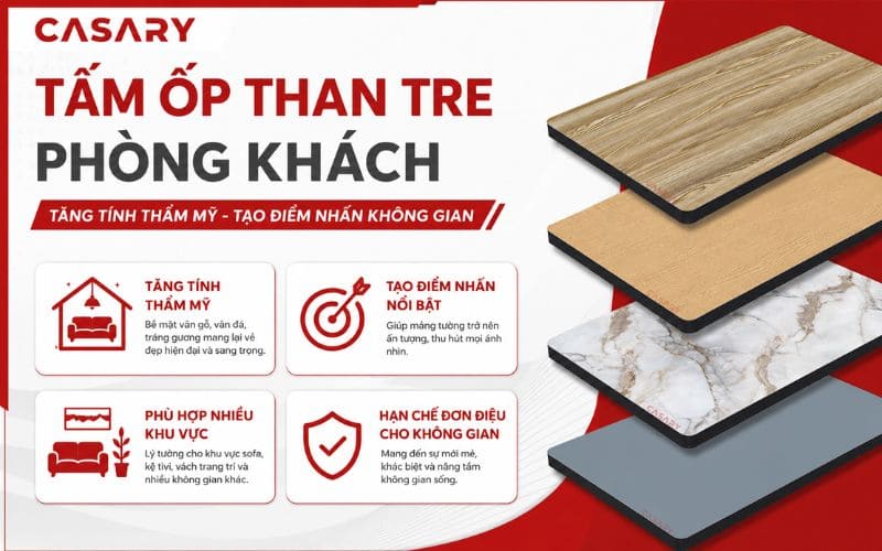 Tấm ốp than tre phòng khách giúp tăng tính thẩm mỹ và tạo điểm nhấn cho không gian