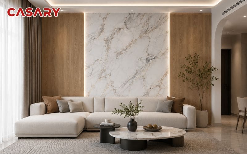 Tấm ốp than tre phòng khách vân đá kết hợp vân gỗ tạo điểm nhấn hiện đại cho vách sofa