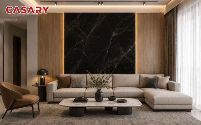 Tấm ốp than tre phòng khách vân đá đen phối vân gỗ cho vách sofa sang trọng