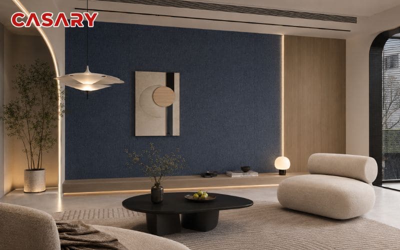 Tấm ốp than tre phòng khách vân vải phối vân gỗ cho mảng tường trang trí hiện đại