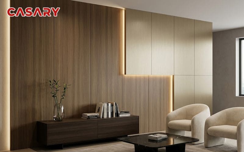 Tấm ốp than tre phòng khách vân gỗ phối ánh kim cho mảng tường sang trọng