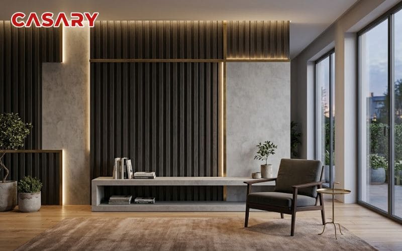 Tấm ốp than tre phòng khách kết hợp lam sóng và vân vải xám bạc hiện đại