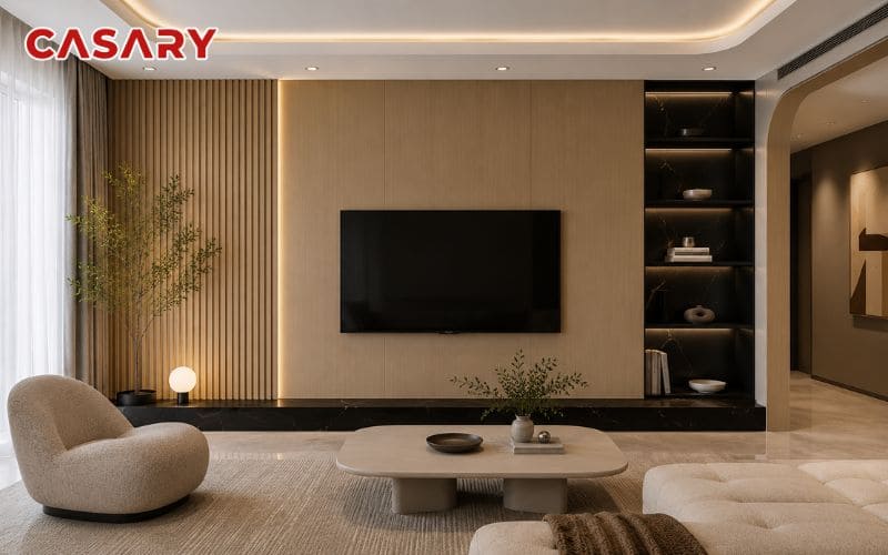 Tấm ốp than tre phòng khách kết hợp lam sóng cho vách tivi