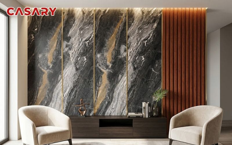 Tấm ốp than tre phòng khách vân đá phối lam sóng tạo điểm nhấn sang trọng