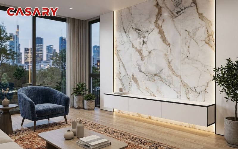 Tấm ốp than tre phòng khách vân đá phối màu trơn phù hợp cho chung cư và nhà phố hiện đại