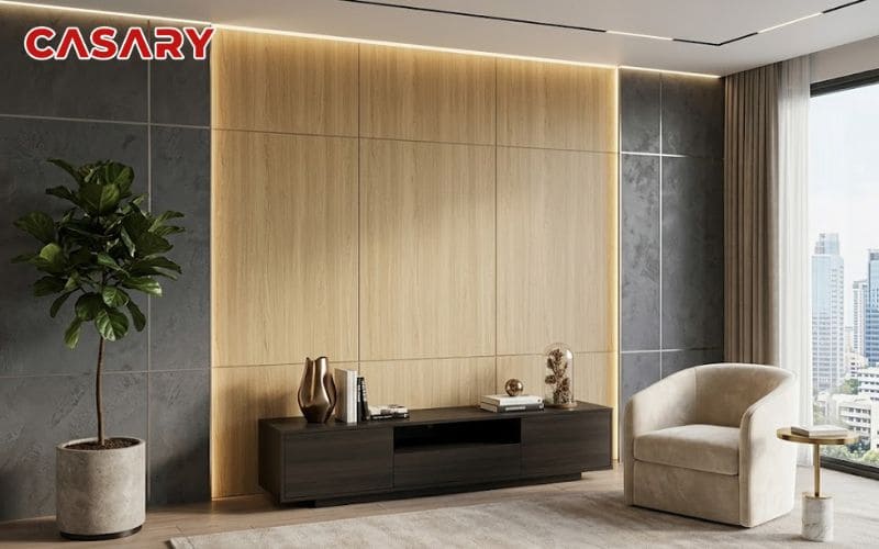 Tấm ốp than tre phòng khách vân gỗ phối sắc xám than hiện đại, sang trọng