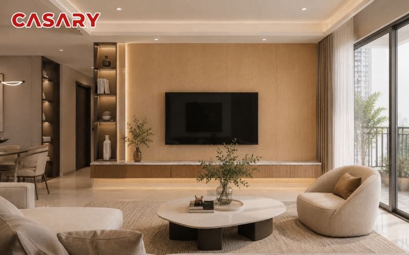 Tấm ốp than tre phòng khách màu gỗ sáng phù hợp cho chung cư và nhà phố