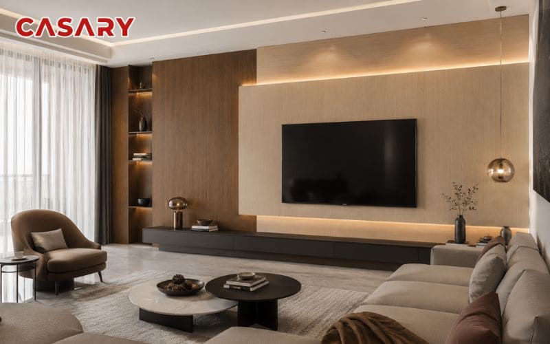 Tấm ốp than tre phòng khách kết hợp vân gỗ hiện đại giúp không gian vách tivi sang trọng và tinh tế