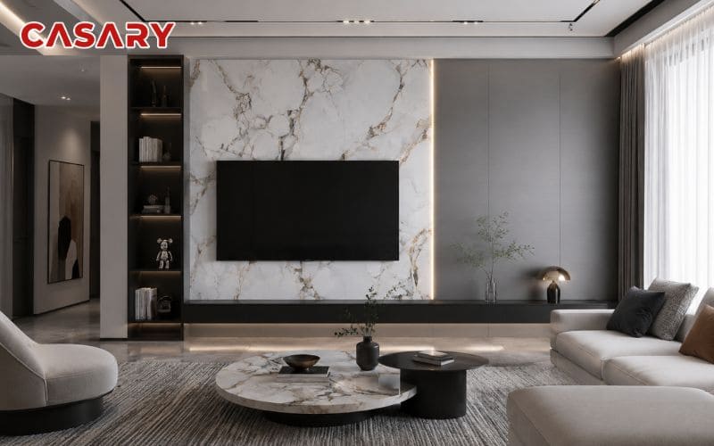 Tấm ốp than tre phòng khách ốp vách ti vi sử dụng vân đá và ánh bạc kim loại