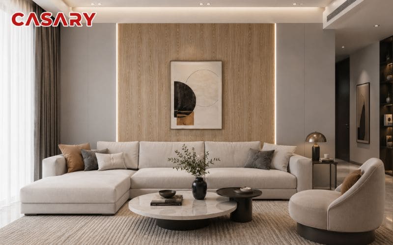 Tấm ốp than tre phòng khách vân gỗ phối màu trơn cho vách sofa hiện đại