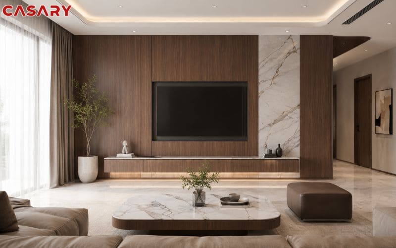 Phòng khách sang trọng sử dụng bảng màu tấm ốp than tre vân gỗ và vân đá