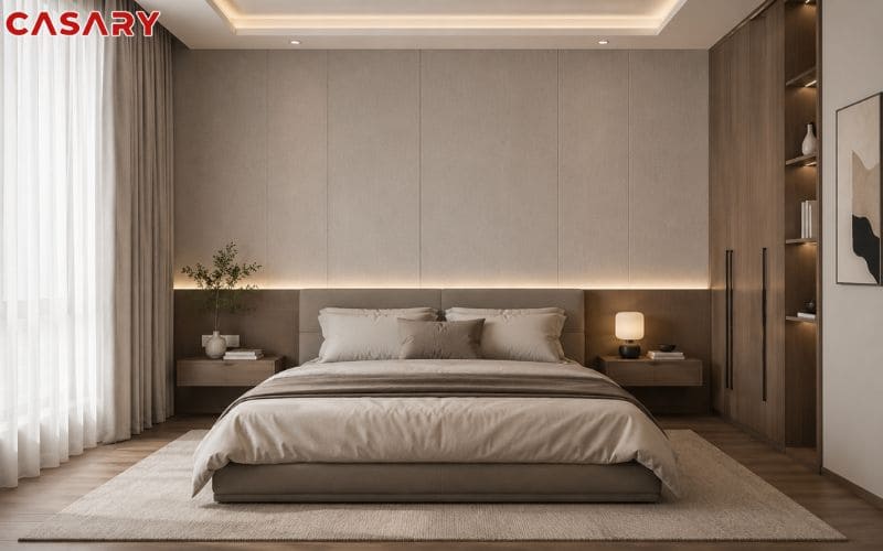 Chọn bảng màu tấm ốp than tre vân vải cho không gian phòng ngủ