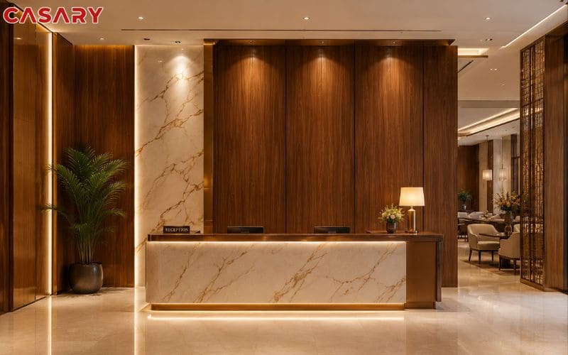 Sự kết hợp hoàn hảo giữa vân gỗ và vân đá tại sảnh lễ tân