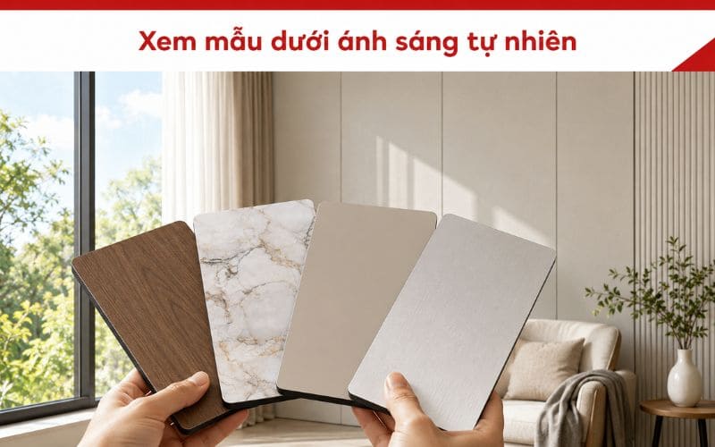 Kiểm tra bảng màu tấm ốp than tre dưới ánh sáng tự nhiên để chọn mẫu