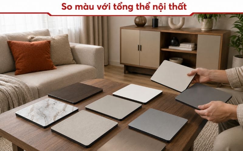 Đối chiếu bảng màu tấm ốp than tre với nội thất thực tế