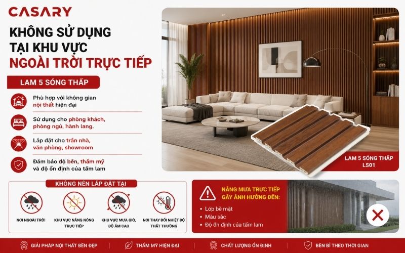 Lam 5 sóng thấp: Xu hướng ốp tường đẹp, tinh tế 2026! 11 Không sử dụng tại khu vực ngoài trời