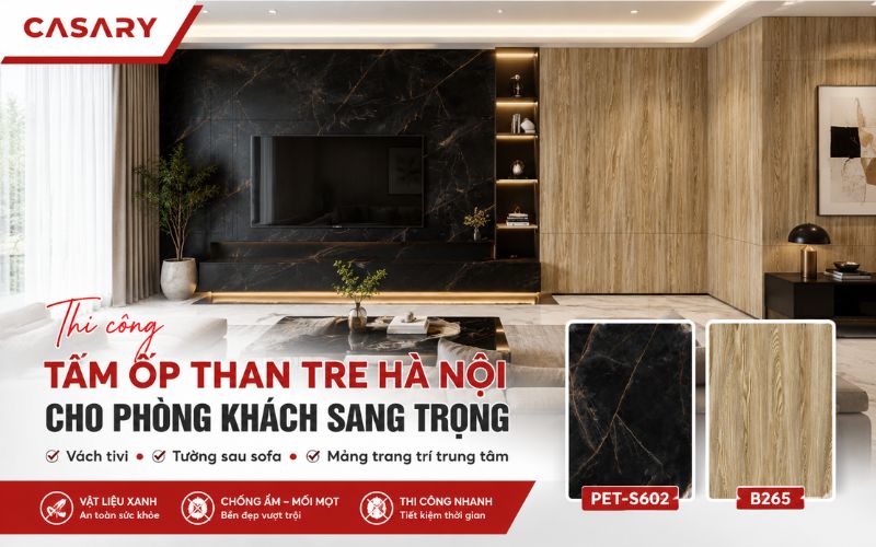 Thi công tấm ốp than tre cho phòng khách thêm sang trọng
