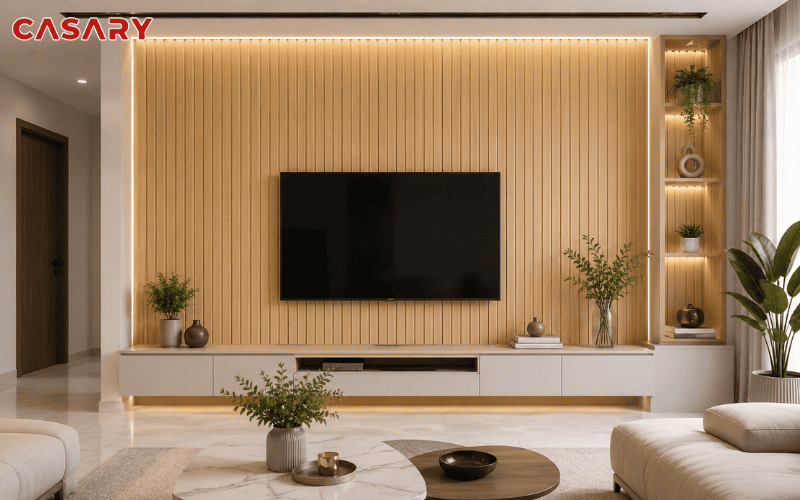 Lam 5 sóng thấp: Xu hướng ốp tường đẹp, tinh tế 2026! 6 Ứng dụng lam 5 sóng thấp cho vách ti vi phòng khách
